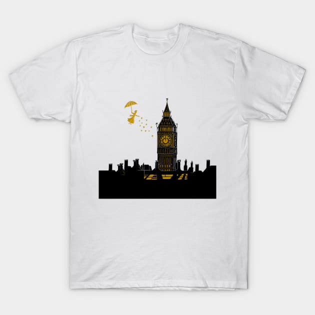 Mary Poppins and Big Ben Linocut Print in black, blue and gold T-Shirt by Maddybennettart